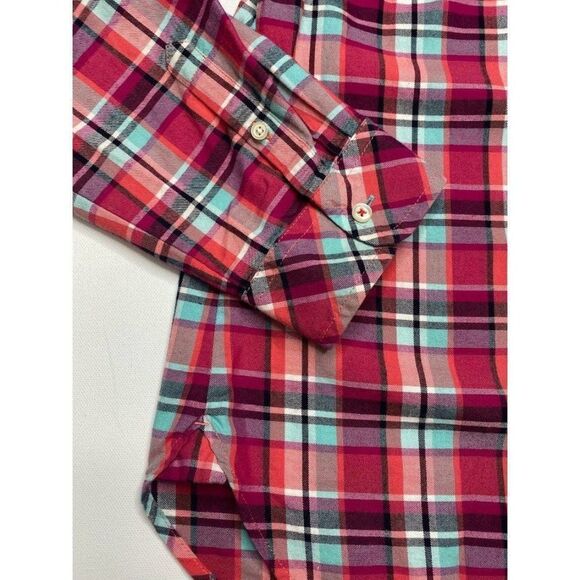TALBOTS Button Down Pink Aqua Plaid Long Sleeve Cotton Top Large - Picture 7 of 9